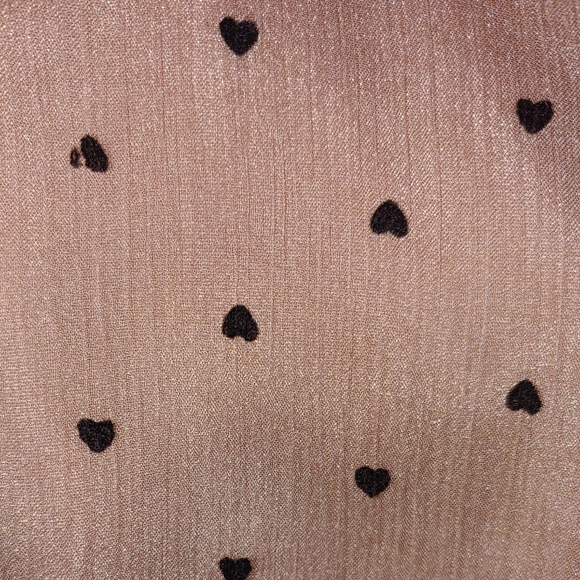 Heart print babydoll cottagecore tan dress, keyhole, tie & buttons at bust, sm. - Picture 4 of 8